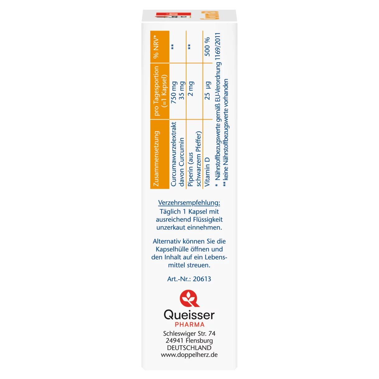 Abbildung der Produktverpackung Doppelherz aktiv Curcuma 750 Seitenansicht links